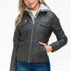 YMI Removable Faux Layered Multi-Pocket Jacket with Fuzzy Hood - Charcoal