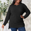 Basic Bae Full Size Ribbed Round Neck Long Sleeve Slit Top - Black