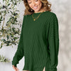 Full Size Ribbed Round Neck Slit Knit Top - Dark Green