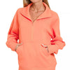 Zenana Half Zip Fleece Sweatshirt with kangaroo Pocket - CORAL