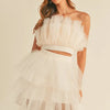 MABLE Tulle Tube Ruffle Crop Top and High Low Maxi Skirt Set - Cream