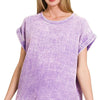 Zenana Woven Double Gauze Acid Washed Short Sleeve Top - LAVENDER