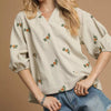 Umgee Corduroy Floral Embroidered Puff Sleeve Blouse - Cream