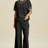 Double Take Full Size Pearl Detail Round Neck Top and Pants Set - Black