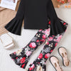 Children's Solid Top & Floral Flare Pants Set - Black