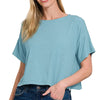 Zenana Ribbed Round-Neck Crop T-Shirt - DUSTY TEAL