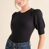 And The Why Puffed Half Sleeve Rib Basic Bodysuit - Black