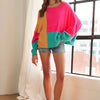 ADORA Loose Fit Colorblock Sweater - CAMEL/HOT PINK/JADE
