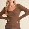 Aemi + Co Lettuce Hem Scoop Neck Long Sleeve Knit Top - Brown