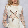 POL Exposed Seam Star Patch Thermal Top with Floral Sleeves - CREAM MULTI