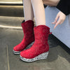 Round Toe Platform Wedge Boots - Red