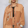POL Button Down Hooded Jacket with with Star Patch Pattern - BURNT SIENNA