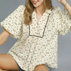 Umgee Bow Print Puff Sleeve Blouse - Cream