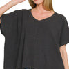 Zenana Ribbed V-Neck Short-Sleeve Knit Top - BLACK