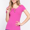 ACTIVE BASIC Lace Up Short Sleeve Rib Knit T-Shirt - WILDPINK
