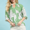 Umgee Peony Illustration Print Flounce Sleeve Blouse - SAGE GREEN