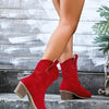 Point Toe Block Heels Boots - Red
