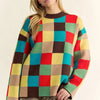 Davi & Dani Color Block Checkered Dropped Shoulder Sweater - Brown Multicolor