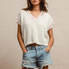 BiBi Knit Solid Contrast Stitch Detail Short Sleeves Sweater - IVORY/FUCHSIA