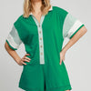 Umgee French Terry Collared Colorblock Romper - KELLY GREEN