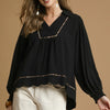 Umgee Full Size Linen Scallop Hem Blouse with Contrast Trim Plus Size - Black