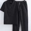 Men's Plus Size V-Neck Short Sleeve Top and Pants Set - Black