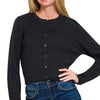 Zenana Button-Front Crewneck Long Sleeve Cropped Cardigan - BLACK