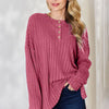 Basic Bae Full Size Ribbed Half Button Long Sleeve High-Low T-Shirt - Hot Pink
