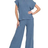 Zenana Rolled Sleeve Top and Pants Sweater Set - DUSTY BLUE