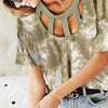 BiBi Tie Dye Print Waffle Top with Contrast Caged Neck - VINTAGE OLIVE