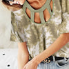 BiBi Tie Dye Print Waffle Top with Contrast Caged Neck - VINTAGE OLIVE