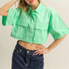 HYFVE Front Pockets Poplin Collared Neck Crop Shirt - Neon Green