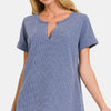 Zenana Notched Short Sleeve Waffle T-Shirt - DENIM