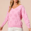 BiBi Valentines Heart Pompom V Neck Knit Top - PINK