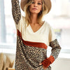 BiBi Waffle Knit Leopard Color Block V-Neck Top - Leopard