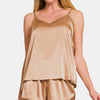Zenana V-Neck Satin Cami and Elastic Waist Shorts Lounge Set - Brush