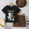 Children's Teddy Bear Round Neck Top and Pants Set - Black