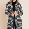 BOMBOM Geometric Open Front Long Sleeve Cardigan with Pockets - Green