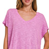 Zenana Hacci Slub V-neck Drop Shoulder Crop Top - BRIGHT MAUVE