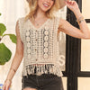 ADORA Fringe Hem Crochet Vest Cardigan - BEIGE