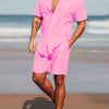 Men's Full Size Short Sleeve Shirt and Shorts Set Plus Size - Pink