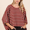 Mittoshop Texture Striped Print Round Neck Dolman Sleeve Top - Rust