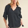 Aemi + Co Side Slit Notched Ruffled Half Sleeve Blouse - Black