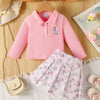 Children's Embroidered Ribbed Polo Shirt & Pleated Skirt Set - Blush Pink