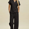 Double Take Full Size Collared Neck Short Sleeve Top and Pants Set - Black