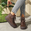 Lace-Up Platform Ankle Boots - Brown