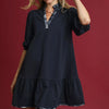 Umgee French Terry Ruffle Hem Dress with Plaid Trim - Navy