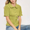 Umgee Smocked Short Sleeve Button-Front Shirt with Peter Pan Collar - AVOCADO