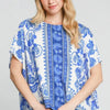 Umgee Full Size Floral Border Print Oversized Top Plus Size - Blue