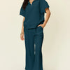 Double Take Full Size Texture Half Zip Short Sleeve Top and Pants Set - Deep Teal
